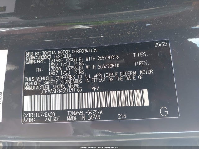 45301703 :رقم المزاد ، JTEVA5BR4S5030163 vin ، 2025 Toyota 4runner Trd Off Road Premium مزاد بيع