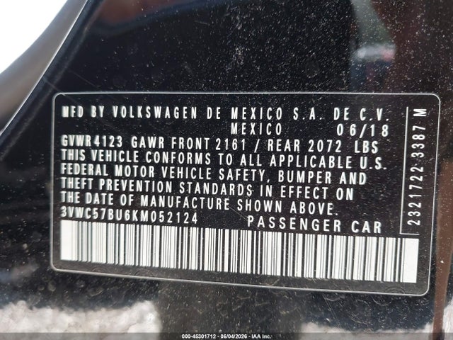 Aukcja sprzedaży 2019 Volkswagen Jetta 1.4t R-line/1.4t S/1.4t Se, vin: 3VWC57BU6KM052124, numer aukcji: 45301712