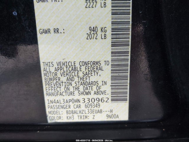 45301718 :رقم المزاد ، 1N4AL3AP0HN330962 vin ، 2017 Nissan Altima 2.5 Sr مزاد بيع
