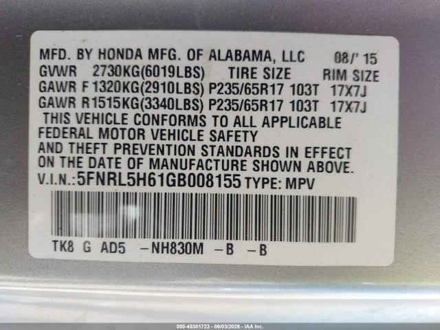 Honda Odyssey Ex-l 2016 5FNRL5H61GB008155 Image 9