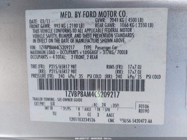 Aukcja sprzedaży 2012 Ford Mustang V6, vin: 1ZVBP8AM4C5209217, numer aukcji: 45301737