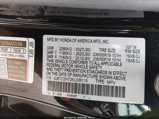 Aukcja sprzedaży 2019 Acura Rdx Advance Package, vin: 5J8TC2H72KL036115, numer aukcji: 45301742