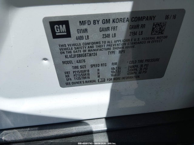 45301743 :رقم المزاد ، KL4CJFSB8GB736124 vin ، 2016 Buick Encore Convenience مزاد بيع