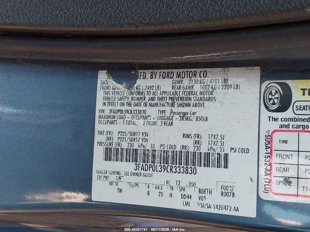 Aukcja sprzedaży 2012 Ford Fusion Hybrid, vin: 3FADP0L39CR333830, numer aukcji: 45301761