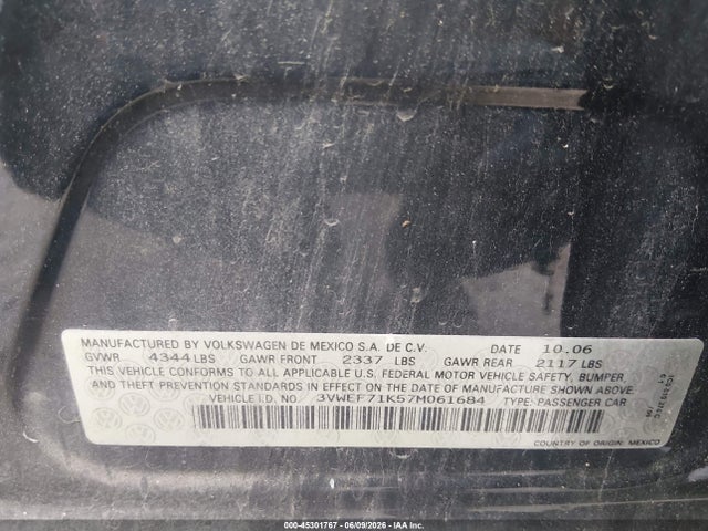 Продаж на аукціоні авто 2007 Volkswagen Jetta Wolfsburg Edition, vin: 3VWEF71K57M061684, номер лоту: 45301767