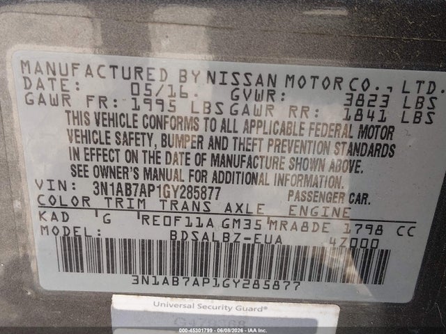 Nissan SENTRA S 2016 3N1AB7AP1GY285877 Image 9