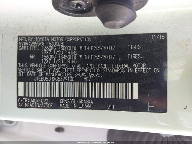 45301802 :رقم المزاد ، JTEBU5JRXG5399130 vin ، 2016 Toyota 4runner Trail مزاد بيع