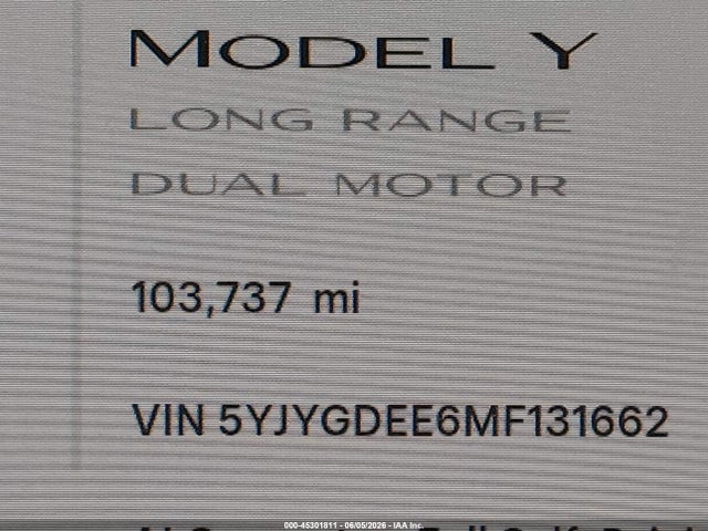 45301811 :رقم المزاد ، 5YJYGDEE6MF131662 vin ، 2021 Tesla Model Y Long Range Dual Motor All-wheel Drive مزاد بيع