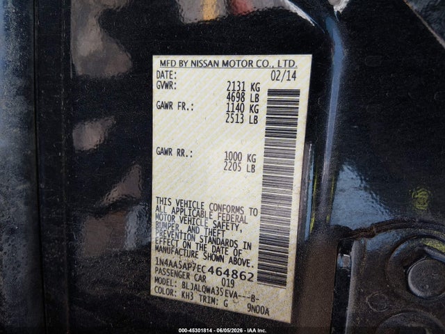 Aukcja sprzedaży 2014 Nissan Maxima 3.5 S/3.5 Sv, vin: 1N4AA5AP7EC464862, numer aukcji: 45301814