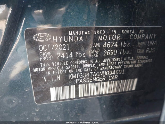 Продажа на аукционе авто 2022 Genesis G70 2.0t Rwd, vin: KMTG34TA0NU094691, номер лота: 45301815