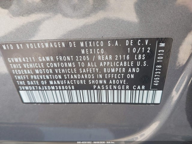 Продаж на аукціоні авто 2013 Volkswagen Jetta 2.5l Se, vin: 3VWDX7AJXDM388058, номер лоту: 45301852