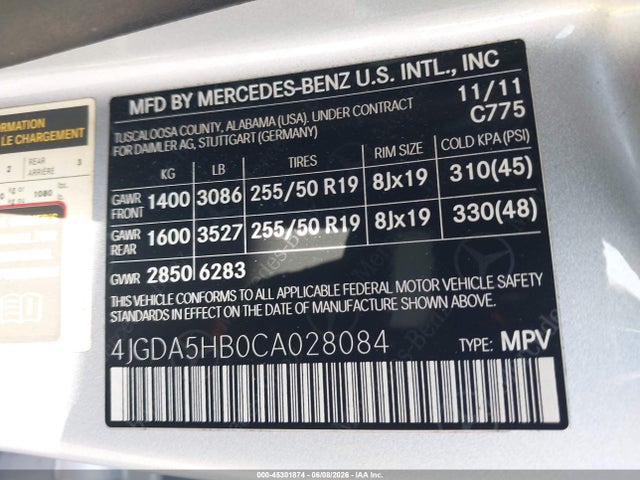 Продаж на аукціоні авто 2012 Mercedes-benz Ml 350 4matic, vin: 4JGDA5HB0CA028084, номер лоту: 45301874