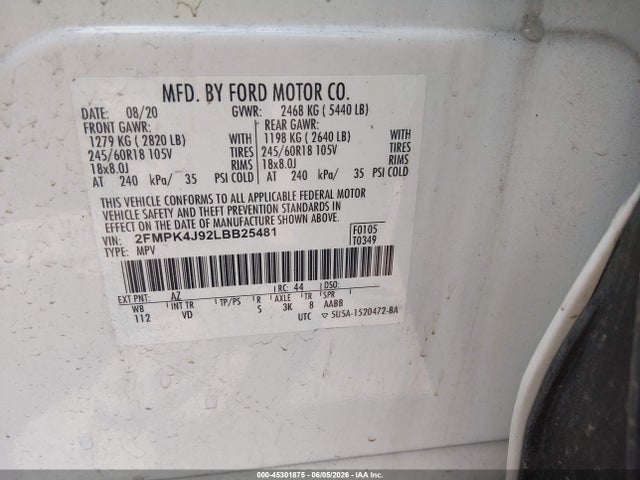 Aukcja sprzedaży 2020 Ford Edge Sel, vin: 2FMPK4J92LBB25481, numer aukcji: 45301875