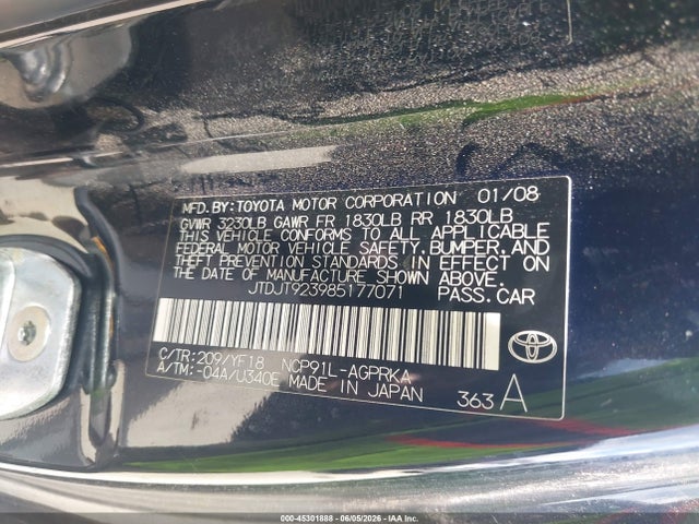 2008 Toyota Yaris S მანქანა იყიდება აუქციონზე, vin: JTDJT923985177071, აუქციონის ნომერი: 45301888