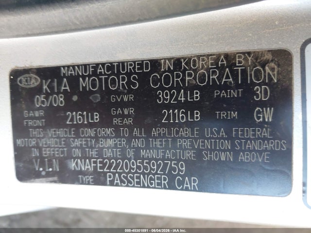 Aukcja sprzedaży 2009 Kia Spectra Ex, vin: KNAFE222095592759, numer aukcji: 45301891