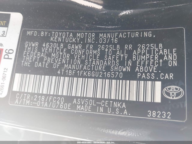 Aukcja sprzedaży 2016 Toyota Camry Le, vin: 4T1BF1FK6GU216570, numer aukcji: 45301893