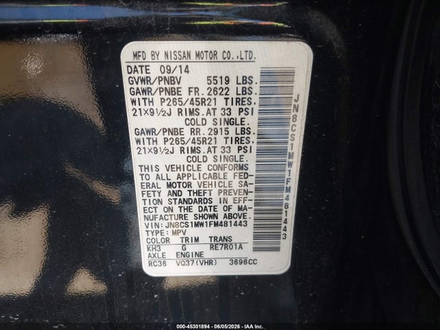 Продажа на аукционе авто 2015 Infiniti Qx70, vin: JN8CS1MW1FM481443, номер лота: 45301894