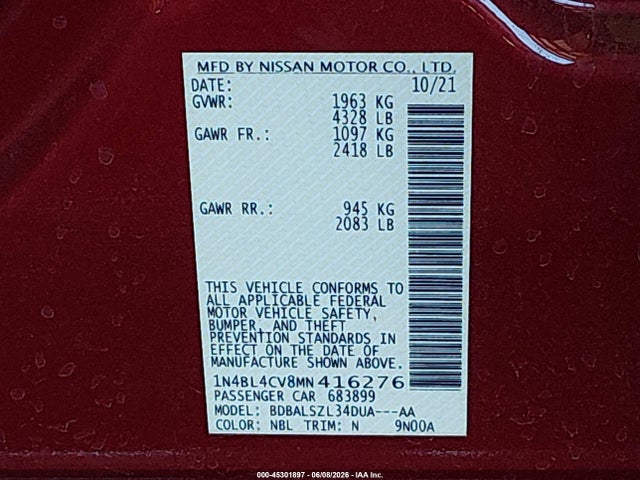 1N4BL4CV8MN416276 Nissan Altima Sr Fwd