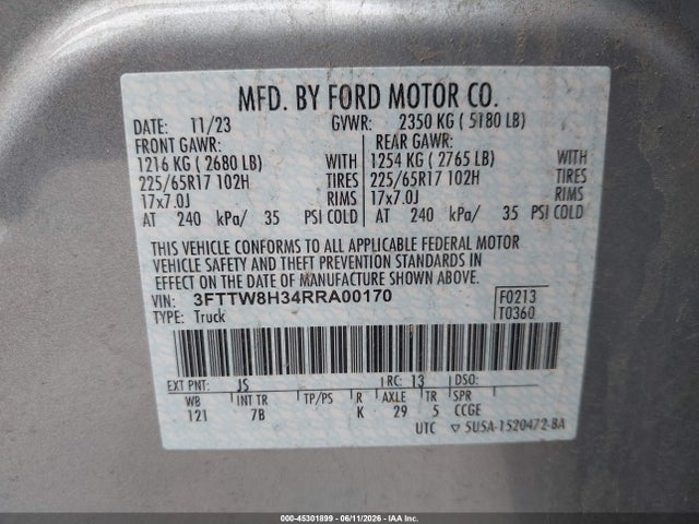 Продажа на аукционе авто 2024 Ford Maverick Xlt, vin: 3FTTW8H34RRA00170, номер лота: 45301899