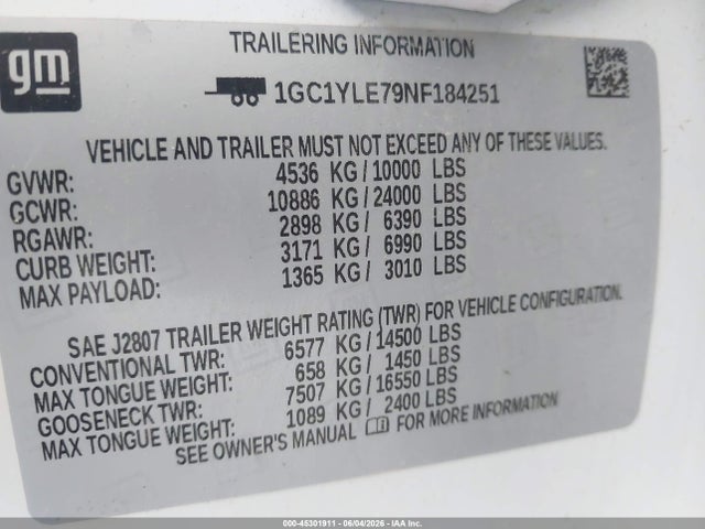 Продаж на аукціоні авто 2022 Chevrolet Silverado 2500hd 4wd  Long Bed Wt, vin: 1GC1YLE79NF184251, номер лоту: 45301911