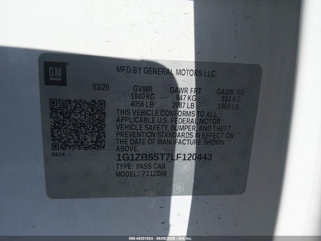 2020 Chevrolet Malibu Fwd Ls მანქანა იყიდება აუქციონზე, vin: 1G1ZB5ST7LF120443, აუქციონის ნომერი: 45301924