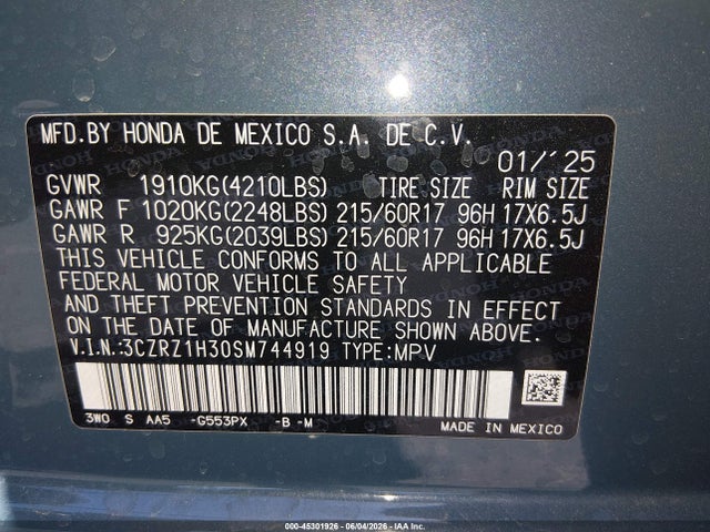 3CZRZ1H30SM744919 Honda Hr-v 2wd Lx
