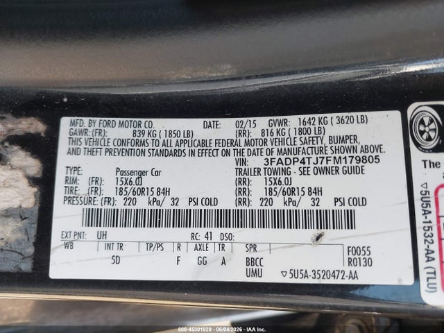 2015 Ford Fiesta S მანქანა იყიდება აუქციონზე, vin: 3FADP4TJ7FM179805, აუქციონის ნომერი: 45301929