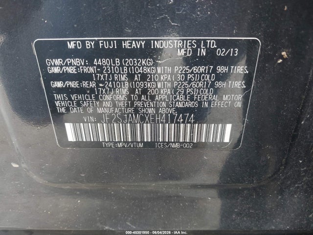 2014 Subaru Forester 2.5i Touring მანქანა იყიდება აუქციონზე, vin: JF2SJAMCXEH417474, აუქციონის ნომერი: 45301950