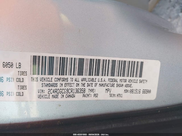 Aukcja sprzedaży 2012 Dodge Grand Caravan Sxt, vin: 2C4RDGCG9CR136358, numer aukcji: 45301955
