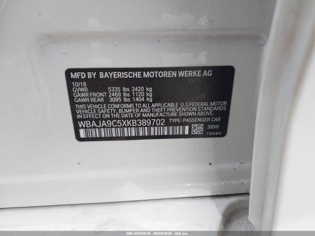 45302019 :رقم المزاد ، WBAJA9C5XKB389702 vin ، 2019 Bmw 530e Iperformance مزاد بيع