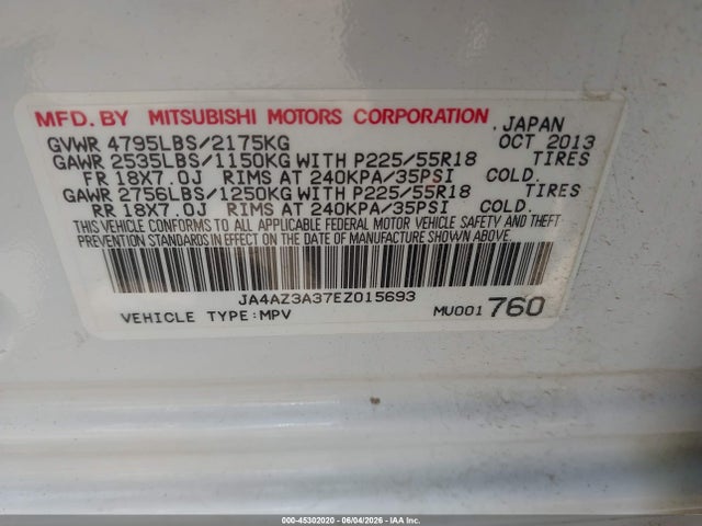 2014 Mitsubishi Outlander Se მანქანა იყიდება აუქციონზე, vin: JA4AZ3A37EZ015693, აუქციონის ნომერი: 45302020