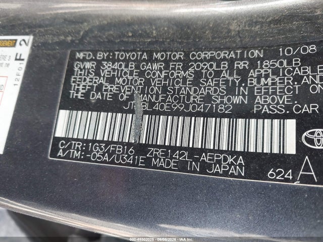 Продажа на аукционе авто 2009 Toyota Corolla Le, vin: JTDBL40E99J047182, номер лота: 45302025
