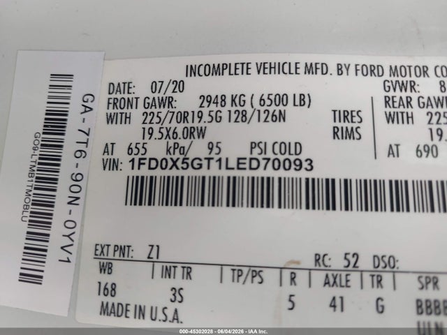 2020 Ford F-550 Chassis Xlt მანქანა იყიდება აუქციონზე, vin: 1FD0X5GT1LED70093, აუქციონის ნომერი: 45302028