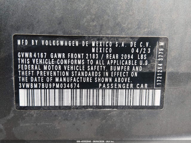45302040 :رقم المزاد ، 3VWBM7BU9PM034674 vin ، 2023 Volkswagen Jetta 1.5t Sport مزاد بيع