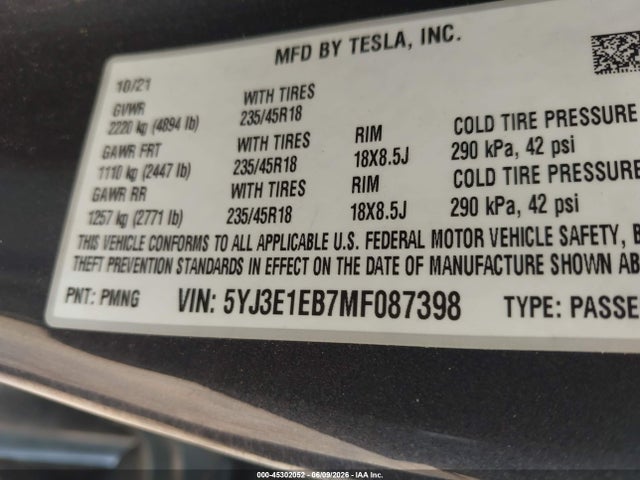Tesla Model 3 Long Range 2021 5YJ3E1EB7MF087398 Image 9
