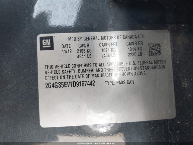45302089 :رقم المزاد ، 2G4GS5EV7D9167442 vin ، 2013 Buick Regal Turbo - Premium 1 مزاد بيع