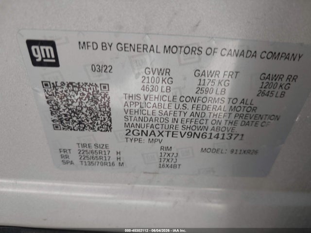 Продаж на аукціоні авто 2022 Chevrolet Equinox Awd 2fl, vin: 2GNAXTEV9N6141371, номер лоту: 45302112
