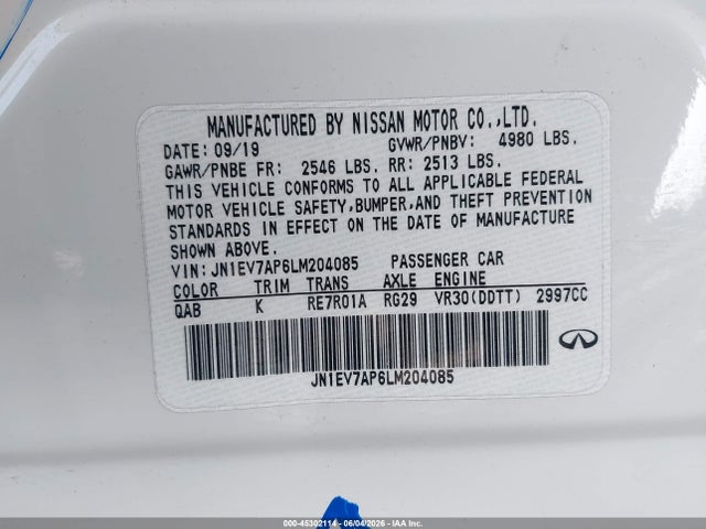 Продаж на аукціоні авто 2020 Infiniti Q50 Sport, vin: JN1EV7AP6LM204085, номер лоту: 45302114