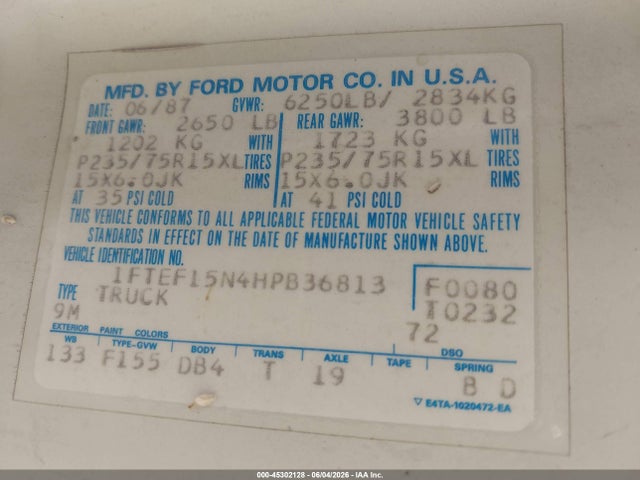 45302128 :رقم المزاد ، 1FTEF15N4HPB36813 vin ، 1987 Ford F150 مزاد بيع
