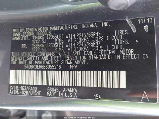 2011 Toyota Highlander Base V6 მანქანა იყიდება აუქციონზე, vin: 5TDBK3EH6BS055216, აუქციონის ნომერი: 45302130