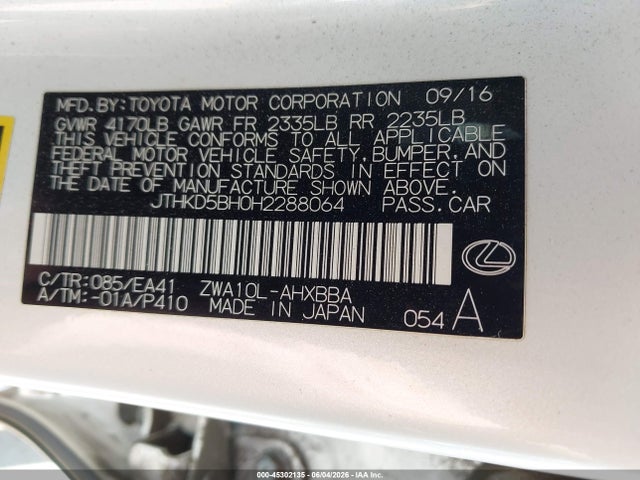 JTHKD5BH0H2288064 Lexus CT 200H