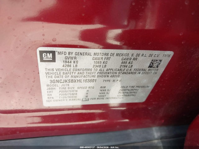 Aukcja sprzedaży 2017 Chevrolet Trax Ls, vin: 3GNCJKSBXHL163801, numer aukcji: 45302137