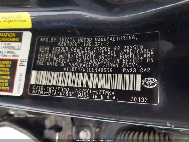 2012 Toyota Camry Le მანქანა იყიდება აუქციონზე, vin: 4T1BF1FK1CU140508, აუქციონის ნომერი: 45302166