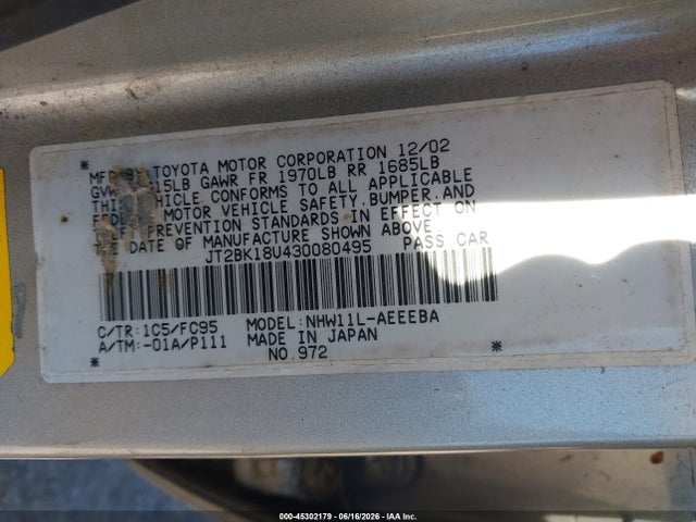 45302179 :رقم المزاد ، JT2BK18U430080495 vin ، 2003 Toyota Prius مزاد بيع