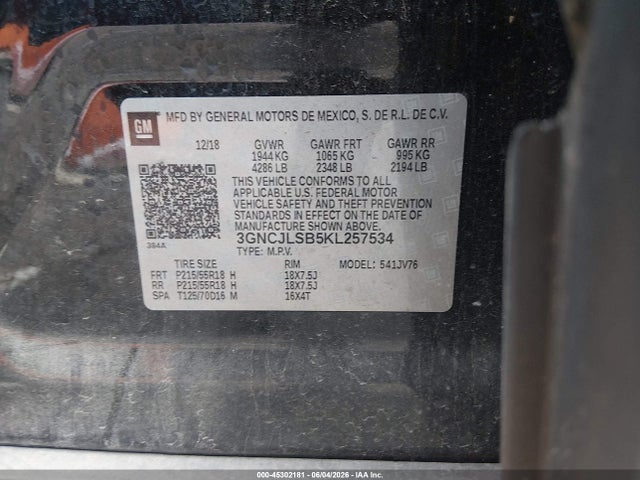 Продажа на аукционе авто 2019 Chevrolet Trax Lt, vin: 3GNCJLSB5KL257534, номер лота: 45302181