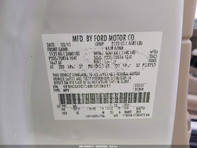 2011 Ford Escape Limited მანქანა იყიდება აუქციონზე, vin: 1FMCU9EG4BKB98211, აუქციონის ნომერი: 45302217