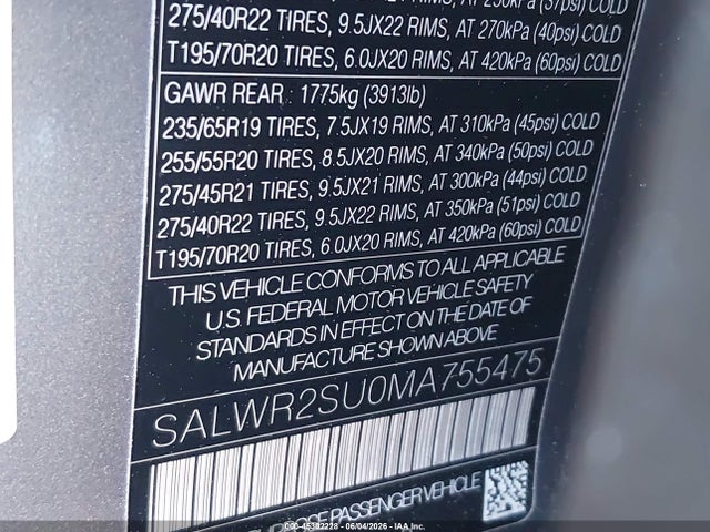 Aukcja sprzedaży 2021 Land Rover Range Rover Sport Hse Silver Edition Mhev, vin: SALWR2SU0MA755475, numer aukcji: 45302228