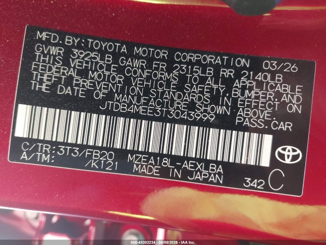 Toyota COROLLA LE 2026 JTDB4MEE3T3043999 Image 9