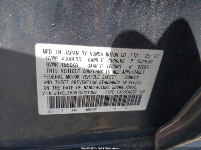 Продаж на аукціоні авто 2007 Acura Tsx, vin: JH4CL96997C021399, номер лоту: 45302237