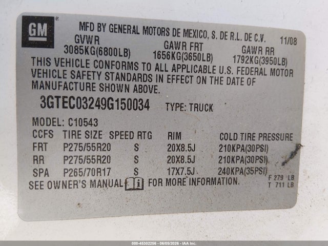 Продажа на аукционе авто 2009 Gmc Sierra 1500 Denali, vin: 3GTEC03249G150034, номер лота: 45302256
